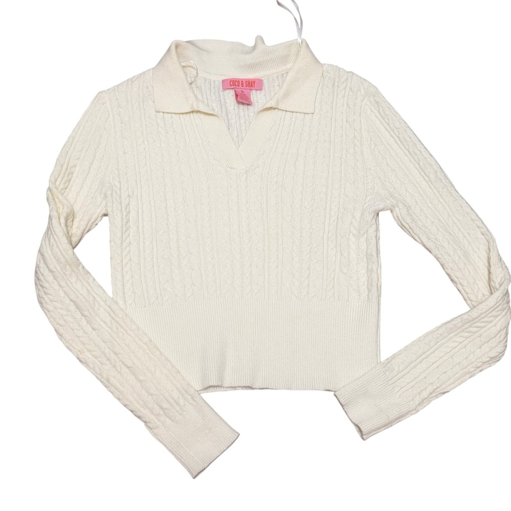 Cable Knit Polo Sweater Women XL White Preppy Academia FIsherman